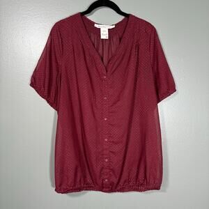 American Rag Burgundy Boho Semi-Sheer Gold Polka Dot Top - 1X - Womens Plus Size